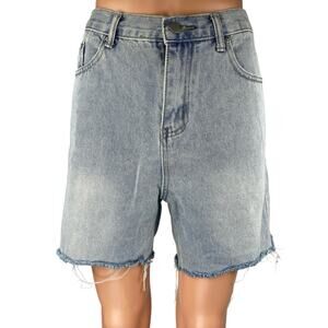 Love + Harmony Blue High Waisted Frayed Raw Hem Bermuda Denim Jeans Shorts Sz M